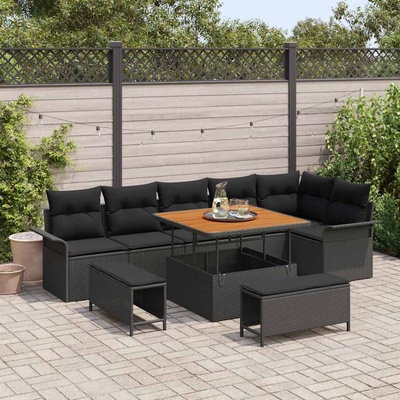 vidaXL Градински Софа Комплект с възглавница 9 pcs Черно полиратан (3362144)
