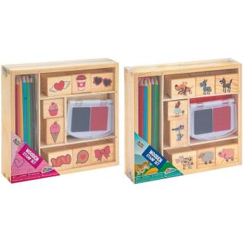 Moxy Комплект дървени печати и цветни моливи, в кутия, асорт (6606200038)