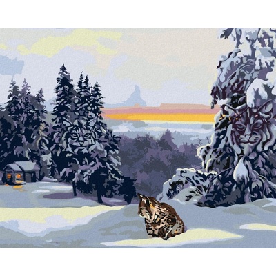 zuty Malování Podle Čísel Rys Ve Sněhu Chata A Les D. Rusty Rust 80 x 100 Cm Plátno