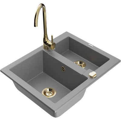 Mexen Carlos гранитна кухненска мивка с 1, 5 камери и смесител Telma, сив (6518-71-670200-50)