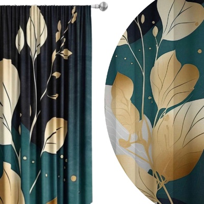 Soovi Home Zatemňovací záves Nordic Leaves – moderný listový vzor v zlatej a zeleno-modrej palete Veľkosť: 140x230 na riasiaci pás