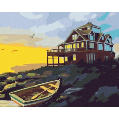Zuty Malování Podle Čísel Loďka Dům U Pobřeží A Západ Slunce D. Rusty Rust 80 x 100 cm Plátno