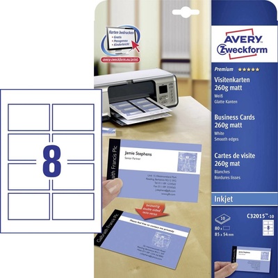 Avery-Zweckform C32015-10 vizitky potlačiteľné, hladké hrany 85 x 54 mm biela 80 ks Formát papiera: A4; C32015-10