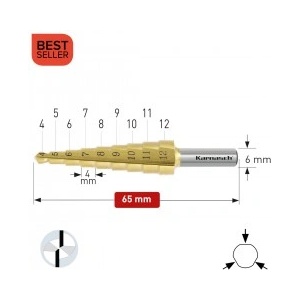 Karnasch Стъпално свредло Ø 4-12 mm (x 4 mm), HSS-XE TiN-Gold, 2x прав канал, BESTSELLER (1485)