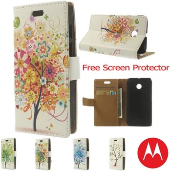 Motorola Moto E Printed Leather Wallet Кожен Калъф + Протектор