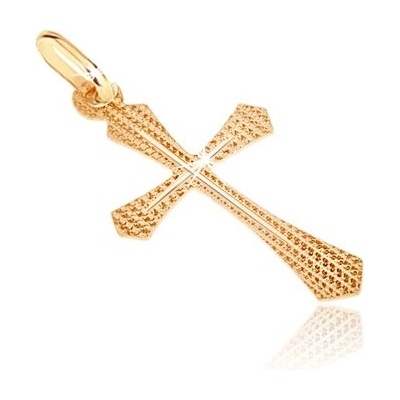 Šperky Eshop Zlatý přívěsek strukturovaný kříž s rozšířeným ramenem a tenkým křížkem S2GG07.05