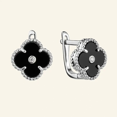 SilveAmo Strieborné náušnice Onyxový štvorlístok s kubickým zirkónom CK2OF.283