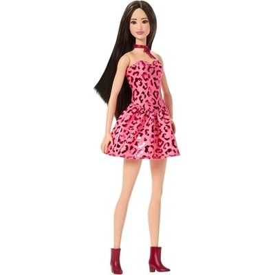 Barbie Fashionistas č. 246 ružové šaty s leopardím vzorom, čierne vlasy JJN59
