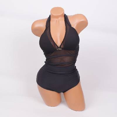 Елегантен цял дамски бански в черно с тюл - чашка В