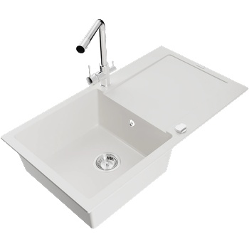 Mexen Leo Гранитна кухненска мивка с една камера и отцедник, с кухненски смесител Duero, бял - 6501-20-671600-00 (6501-20-671600-00)