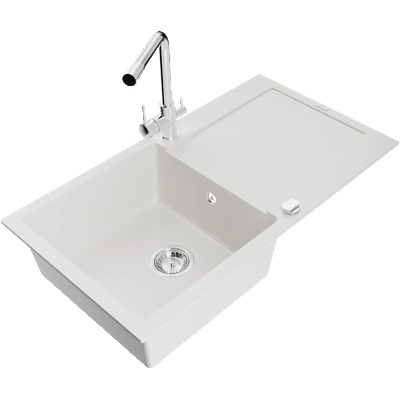 Mexen Leo Гранитна кухненска мивка с една камера и отцедник, с кухненски смесител Duero, бял - 6501-20-671600-00 (6501-20-671600-00)