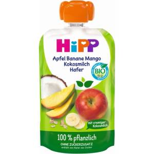 Hipp Био плодова закуска Hipp Hippis - Ябълка, банан, манго, кокосово мляко и овес, 100 g (47011)
