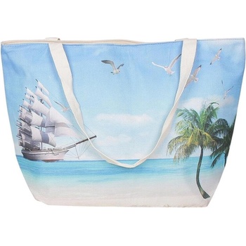 Плажна чанта в синьо и бежово с кораб и палми