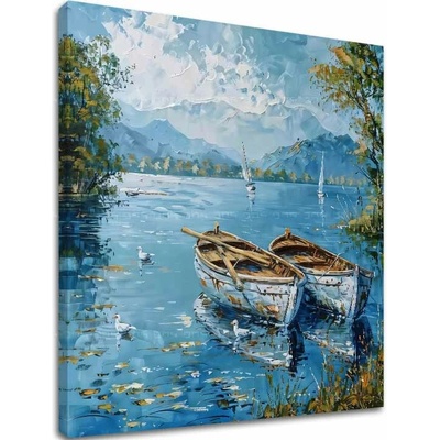 Obraz krajiny na plátne Scenéria s loďkami | dokončené rukou umelca - 80x80 cm