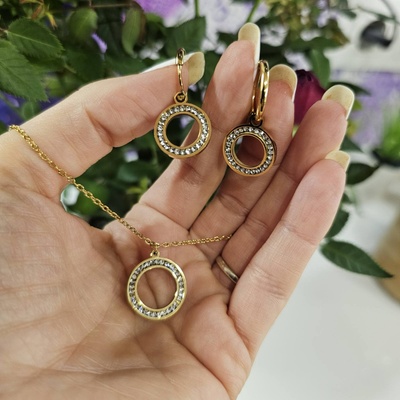 Колие и обеци с кръгла форма златисти