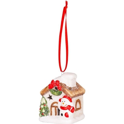 MagicHome Dekorace Vánoce Domeček se sněhulákem LED terakota závěsný 5,8x5x7 cm