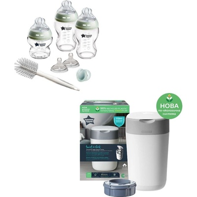 Комплект стъклени шишета за новородено Tommee Tippee - Natural Start + Хигиенен кош за пелени Twist and Click (TT.0018+TT.0153)