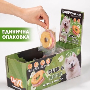 Uniq Pets Dog Snacks Collagen & Fruit Donut Duck & Dried Apple лакомства за кучета с патица и сушена ябълка, 30 г
