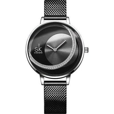 Shengke Дамски часовник SK Shengke Riffler с кристали, Кварцов, Черен (SK-K0088-BLACK-BLACK)