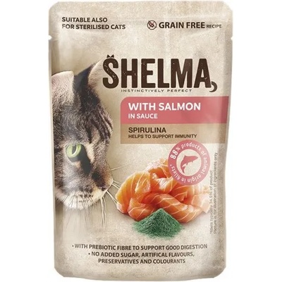 SHELMA Adult Pouch GRAIN FREE - пауч за котки, БЕЗ ЗЪРНО, 88% продукти от животински произход, сьомга и спирулина в сос - 85 гр - 40666
