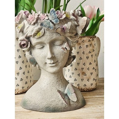Clayre&Eef Šedý květináč hlava ženy s květy a motýlky - 20x18x26 cm