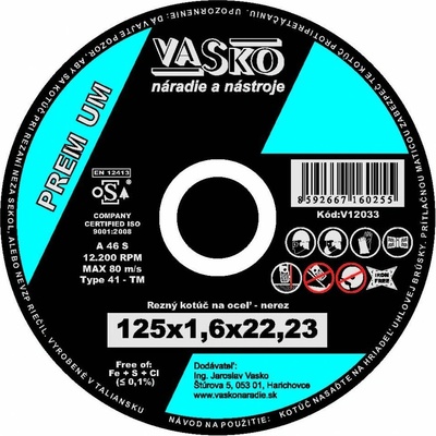 Rezný kotúč na kov a nerez 125 x 1,6 x 22,2 PREMIUM
