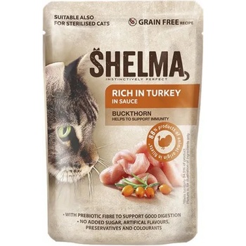 Partner in Pet Food SHELMA Adult Pouch GRAIN FREE - пауч за котки, БЕЗ ЗЪРНО, 88% продукти от животински произход, пуешко и зърнастец в сос - 85 гр - 40671