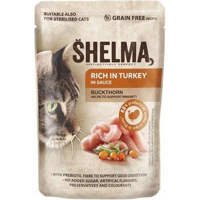 SHELMA Adult Pouch GRAIN FREE - пауч за котки, БЕЗ ЗЪРНО, 88% продукти от животински произход, пуешко и зърнастец в сос - 85 гр - 40671