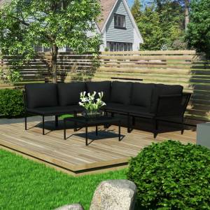 vidaXL Градински комплект с възглавници, 6 части, черен, PVC (48591)