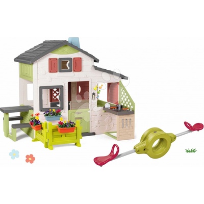 Smoby Set domček Priateľov s predzáhradkou a hojdačka s vodotryskom Friends House Life obojstranná 360° točenie a letná kuchynka