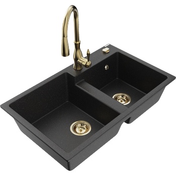 Mexen Tomas гранитна мивка с 2 камери с кухненски смесител Savita, черен/сребрист металик - 6516-73-672601-50 (6516-73-672601-50)