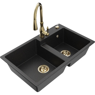 Mexen Tomas гранитна мивка с 2 камери с кухненски смесител Savita, черен/сребрист металик - 6516-73-672601-50 (6516-73-672601-50)