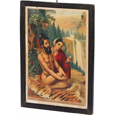Sanu Babu Menaká svádějící Višvámitru, starý obraz v teakovém rámu, 35x37cm