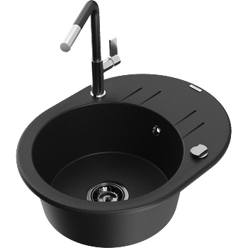 Mexen Kevin гранитна мивка с 1 отделение и отцедник и кухненски смесител Flora, черен - 6517-77-670401-07-B (6517-77-670401-07-B)