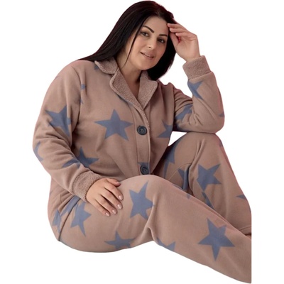 Макси поларена пижама в светлокафяво със звезди