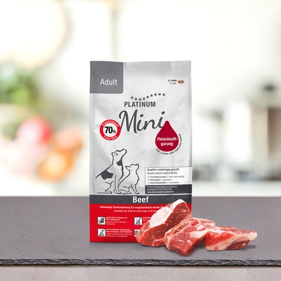 PLATINUM Супер премиум храна Platinum Adult Mini Beef за мини породи със 70% прясно телешко месо, годно за човешка консумация 900gr