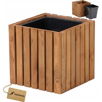 HOMERZO Květináč čtvercový, hnědý, dřevěný 36,5 cm