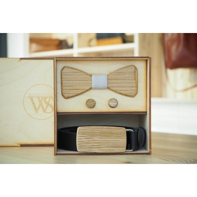 Wood Style Set Hranatý Dub opasek motýlek a manžetové knoflíčky Šedá