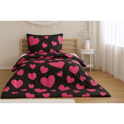 Textilomanie Polybavlna obliečky HEART PINK čierne 2 ks 70x90 200x220