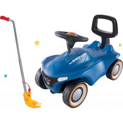 BIG Set Bobby Car Neo modré zvukové s 3vrstvými gumovými koly a s opěrkou a vodicí tyčí