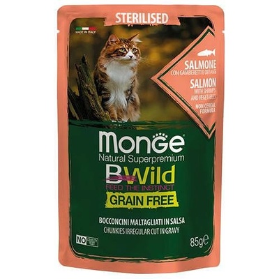Monge BWILD Grain Free Sterilised със Сьомга, скариди и зеленчуци - пауч с хапки в сос, без зърнени храни - за кастрирани котки в зряла възраст 85 гр