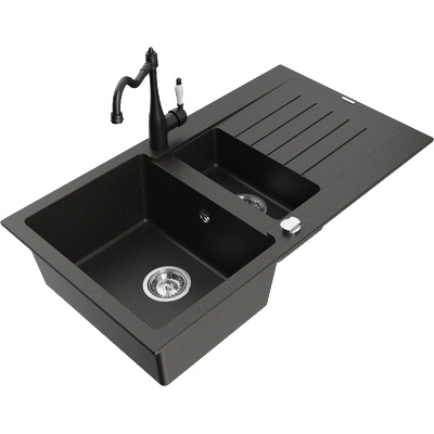 Mexen Matias гранитна мивка с 1, 5 камери с отцедник и кухненски смесител Carla черно/златен металик - 6502-75-670700-70 (6502-75-670700-70)