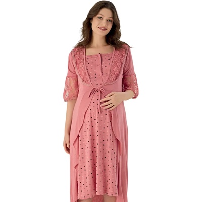 Комплект за бременни в цвят розов руж с дантела и точки