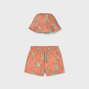 MAYORAL Комплект бански с двулицева шапка bucket оранжево и бежово за бебе момче Mayoral