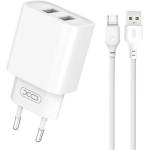 XO CE02C мрежово зарядно устройство, 2 USB гнезда, 10, 5 W, бързо зарядно устройство + microUSB кабел, БЯЛ XO-CE02C (XO-CE02C_MICROUSB)