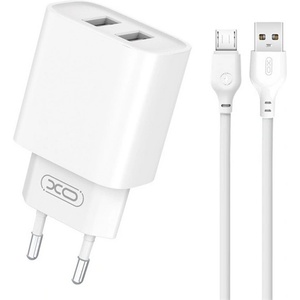 XO CE02C мрежово зарядно устройство, 2 USB гнезда, 10, 5 W, бързо зарядно устройство + microUSB кабел, БЯЛ XO-CE02C (XO-CE02C_MICROUSB)