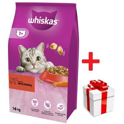 Whiskas Adult 14кг - суха храна за възрастни котки, с вкусно говеждо месо + БЕЗПЛАТНА изненада за вашата котка