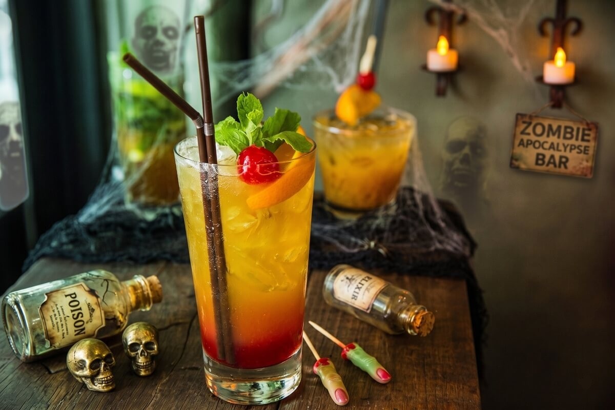 Zombie koktĂ©l halloweeni dĂszĂtĂ©ssel az asztalon Zombie koktĂ©l halloweeni dĂszĂtĂ©ssel az asztalon
