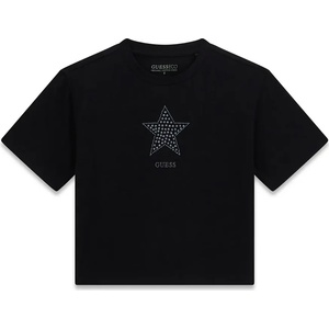 GUESS Къса черна тениска за момиче със звезда и надпис Guess