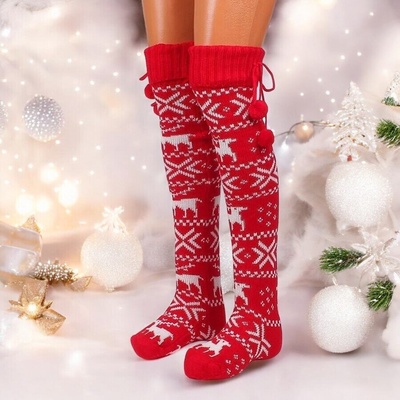 Дамски 7/8 чорапи в червено с коледни мотиви